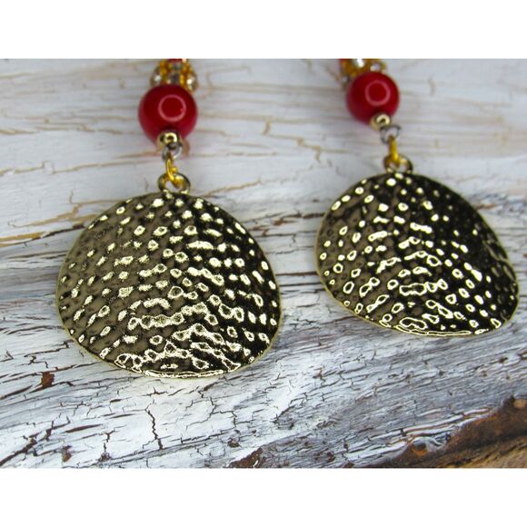 Gold Hammered Disc Earrings with Red and CZ accents - Picture 3 of 7